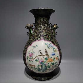 A bronze glaze consecrated pastel flower and bird amphora jade pot spring vase made in the Qianlong