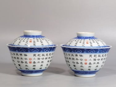 A pair of Qing Qianlong blue and white lace imperial poem cover bowls