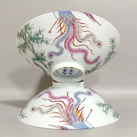 A pair of Qing Yongzheng enamel phoenix bamboo hat bowls