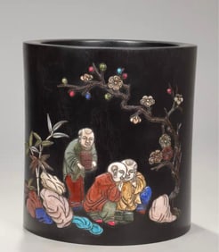 A Qing Dynasty small-leaved rosewood inlaid with many treasures of poetry and character pen holder