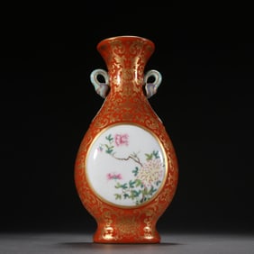 A Qing Dynasty red glazed gold-painted pastel floral wall vase