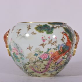 A piece of Qing Qianlong enamel color hundred birds to the phoenix and lion ears washed