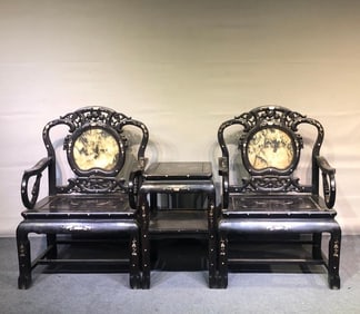 A set  of Qing Dynasty rosewood marble shell chairs
