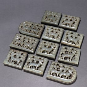 A set of Hetian jade wrapped silver pine deer longevity belt board