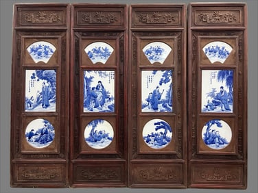 A set  of Zhushan Eight Friends "Wang Bu" blue and white four love pictures porcelain panel