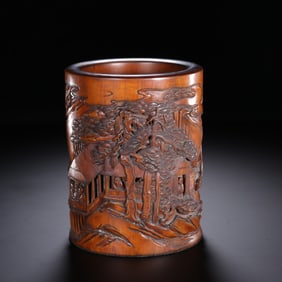 A Qing Dynasty boxwood Qixia Xianguan landscape figure pen holder