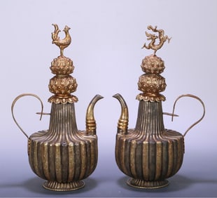 A pair  of copper gilt dragon and phoenix button petal pattern pots