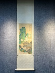 A painting of He Haixia Ayamoto colored landscape pavilion
