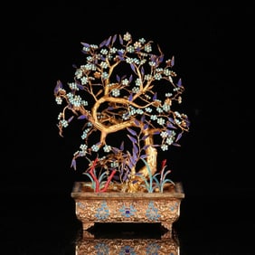 A Qing silver gilt inlaid turquoise and pearl bonsai