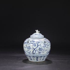 A Yuan Dynasty blue and white pine bamboo plum pattern animal ear large lid jar