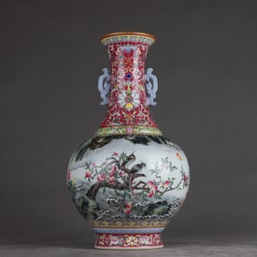 A clear and long carmine red pastel Fushan Shouhai poetry amphora