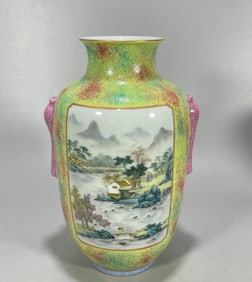 A peach blossom cave glazed window landscape figure bottle made in the Yongzheng era of the Qing