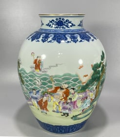 A blue and white lace pastel immortal gathering character jar made in the Yongzheng era of the Qing