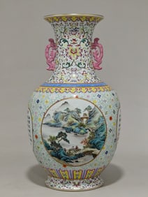 A pastel pattern open-window landscape poetry amphora made in the Qianlong period of the Qing