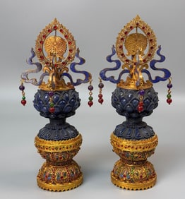 A pair of cloisonné lapis lazuli Tibetan Buddhist ornaments