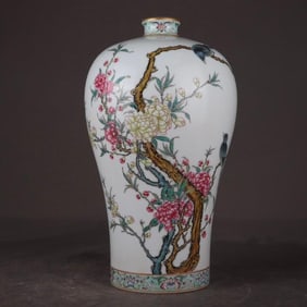 A Qing Yongzheng pastel gold-painted flower and bird poetry plum vase