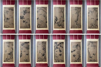 A picture of the pine crane of the Eight Great Mountains to prolong the life of twelve screens