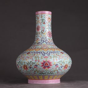 A Qing Qianlong turquoise green pastel entwined flower water chestnut bottle