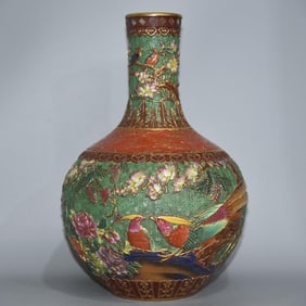 A Qing Dynasty enamel colored gold-painted flower and bird pattern celestial ball vase