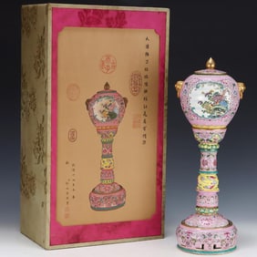 A Qing Yongzheng enamel carmine red flower and bird official hat holder