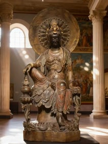 A Tang Dynasty bluestone painted Guanyin wears a gorgeous crown on her head, wearing a delicate