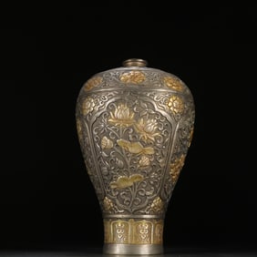A Tang Dynasty Zhenguan model copper gilt engraved floral pattern plum vase