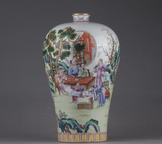 A plum vase of Qing Yongzheng pastel gilded character story