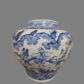 A blue and white jar of the Ming Dynasty painted figure "Fushou Lu"
