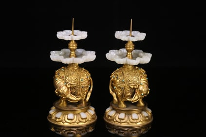 A pair  of Qing Dynasty study desk elegant utensils copper gilt Hetian white jade Taiping Shengxiang