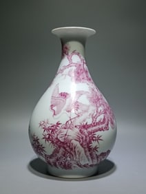 A piece of Qing Yongzheng enamel color gemstone red pine crane poetry jade pot spring vase