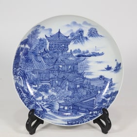 A blue and white landscape pavilion plate made in the Kangxi period of the Qing Dynasty