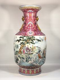 A Qing Qianlong enamel carmine red flower gathering picture bottle