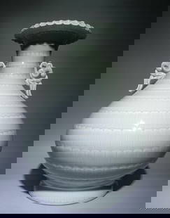 A Qing Qianlong model bean blue glaze carved lotus petal pattern amphora appreciation bottle: Qing Qianlong model bean celadon carved lotus petal pattern amphora vase SIZE: H:43.8cm W:35cm (The Dimensions Of All Batches Are Manually Measured.If You Need More Detailed Information, Please Contac