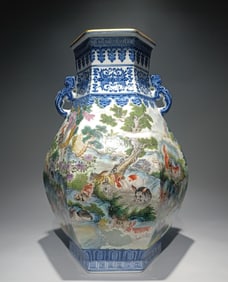 A Qing Qianlong blue and white rabbit hexagonal blessing bucket bottle