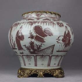 A Yuan blue and white figure inlaid with copper-rimmed jar