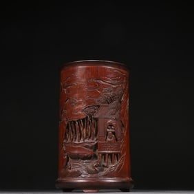 A bamboo carved landscape figure pen holder