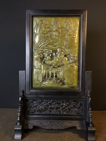 A Qing Dynasty sandalwood inlaid with Shoushan stone figures inserted on the screen