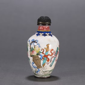A Qing Dynasty copper tire painting enamel dark Eight Immortals pattern snuff bottle