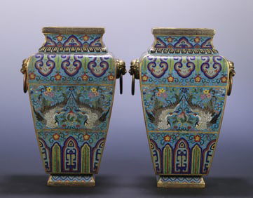 A pair  of Qing Qianlong cloisonné crane longevity pattern double animal ear square bottles