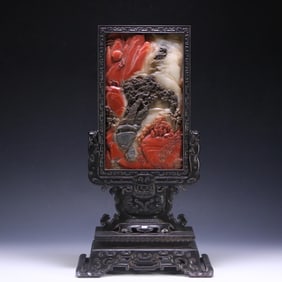 A piece of Qing Dynasty Qianlong 26th year study elegant ware rosewood frame Shoushan hibiscus stone