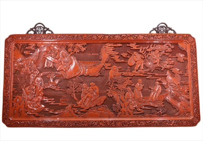 A Qing Dynasty yellow lacquerware Eighteen Arhats hanging screen