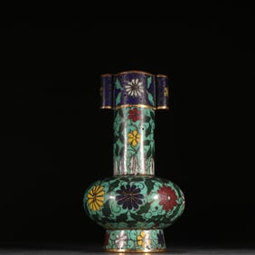 A Jingtai bronze tire painting enamel piercing ear bottle