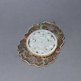 A Qing Dynasty silver-gilt cloisonné inlaid Hetian jade "Five Rat Luck" pendant