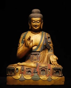 A Tang bluestone gilt painted Buddha carved grottoes and pavilions
