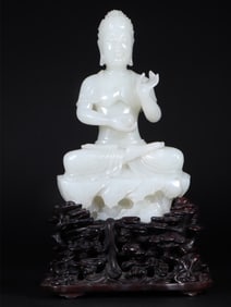 A seated statue of Shakyamuni Buddha in Hetian jade in the Qing Dynasty