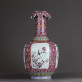 A Qing Qianlong pastel gold-painted carmine-red background entangled lotus window flower bird poetry