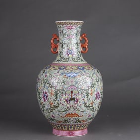 A Qing Qianlong pastel bean celadon passionflower entwined Fushou double amphora