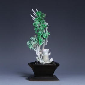 A piece of late Qing Dynasty natural old jadeite carved bionic bamboo bonsai ornament