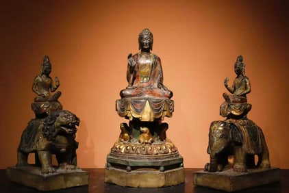 A set  of Tang Dynasty bluestone gilded painting of the Three Saints of Huayan