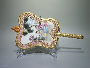 A Qianlong era enamel colored gold carved window maid picture fan